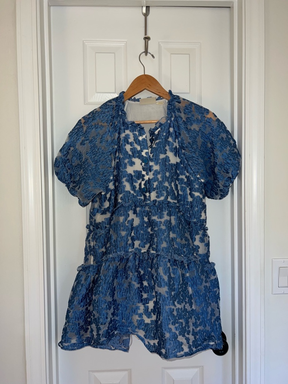 Anthropologie Blue Textured Puff-Sleeve Tiered Mini Dress